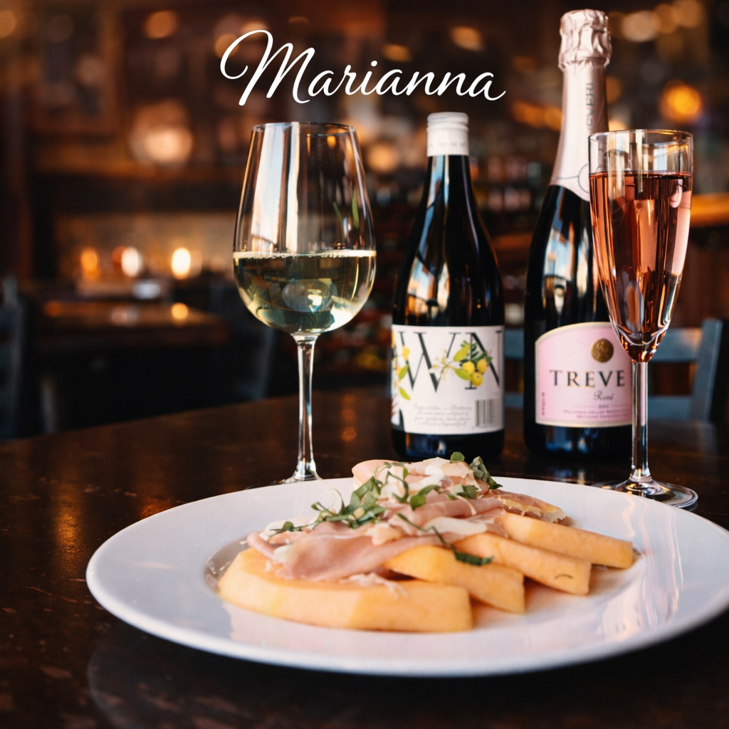 A plate of French fries topped with prosciutto and microgreens, two bottles of wine, a glass of white wine, and a glass of rosé wine, set on a wooden table in a dimly lit restaurant.