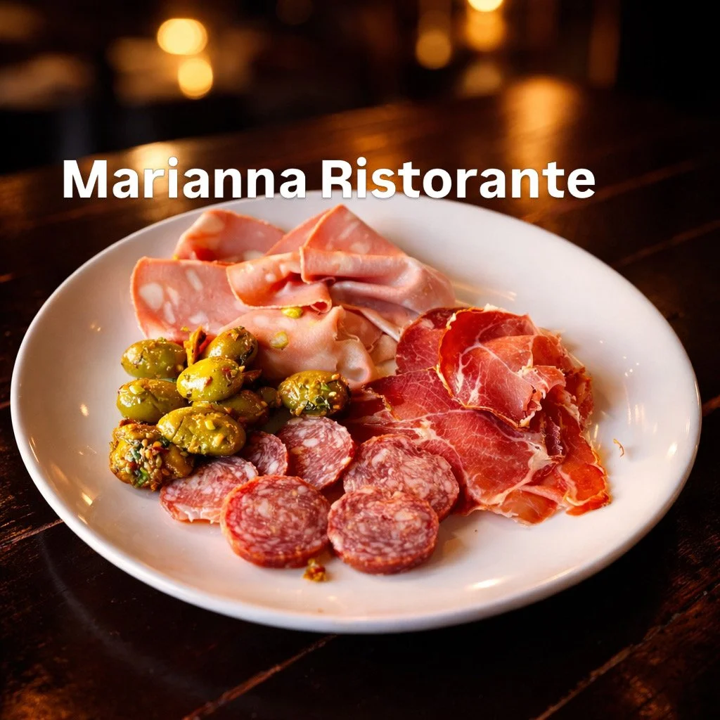 A white plate with assorted cured meats and green olives, set on a dark wooden table at Marianna Ristorante, with warm ambient lighting in the background.