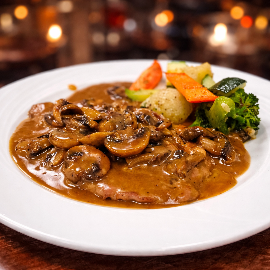 Steak topped with mushroom gravy served with a side of mixed vegetables including broccoli, carrots, cauliflower, and zucchini.
