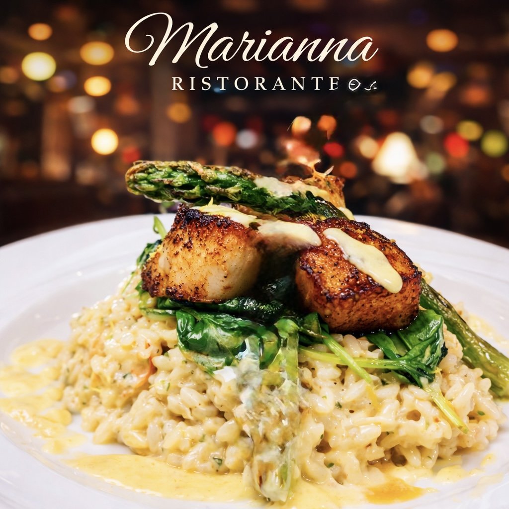 A plated dish of creamy risotto topped with grilled scallops, roasted asparagus, and wilted greens with a drizzle of sauce. Background with blurred lights, restaurant name Marianna Ristorante.