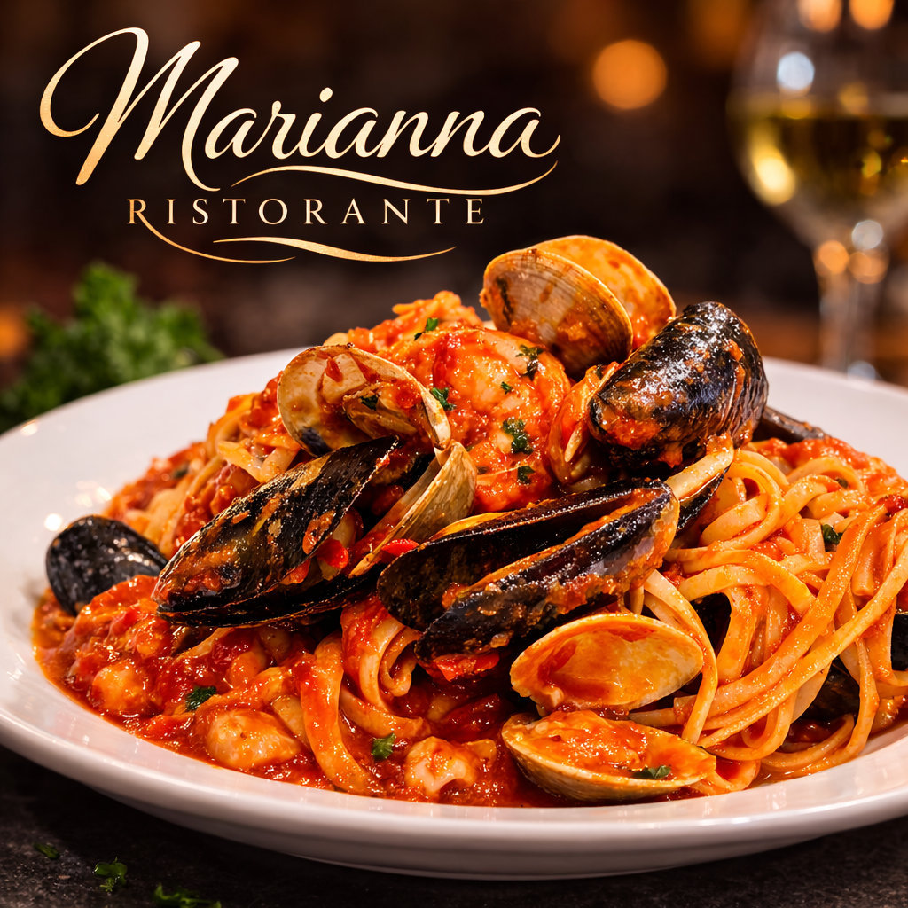 A plate of seafood pasta with mussels, clams, and tomato sauce, served at Marianna Ristorante.