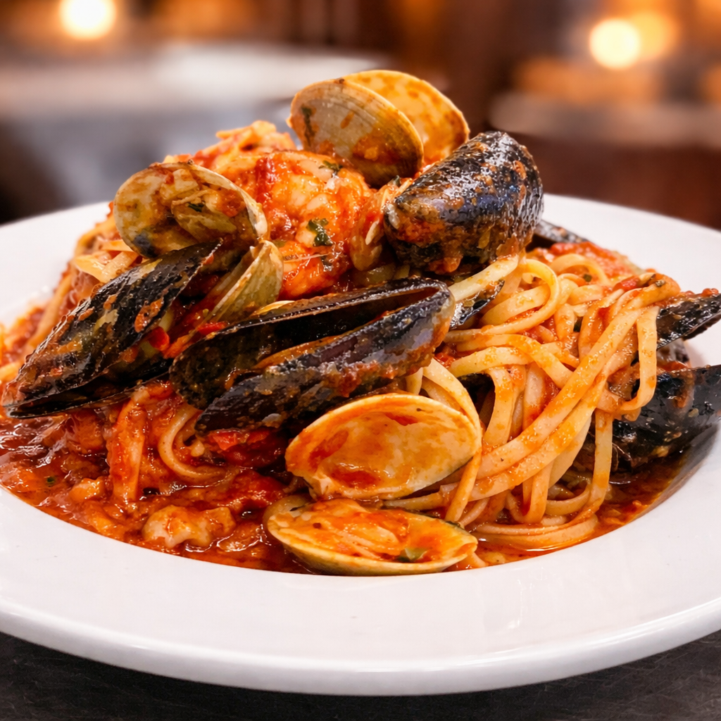 A plate of seafood pasta with spaghetti, tomato sauce, clams, and mussels.