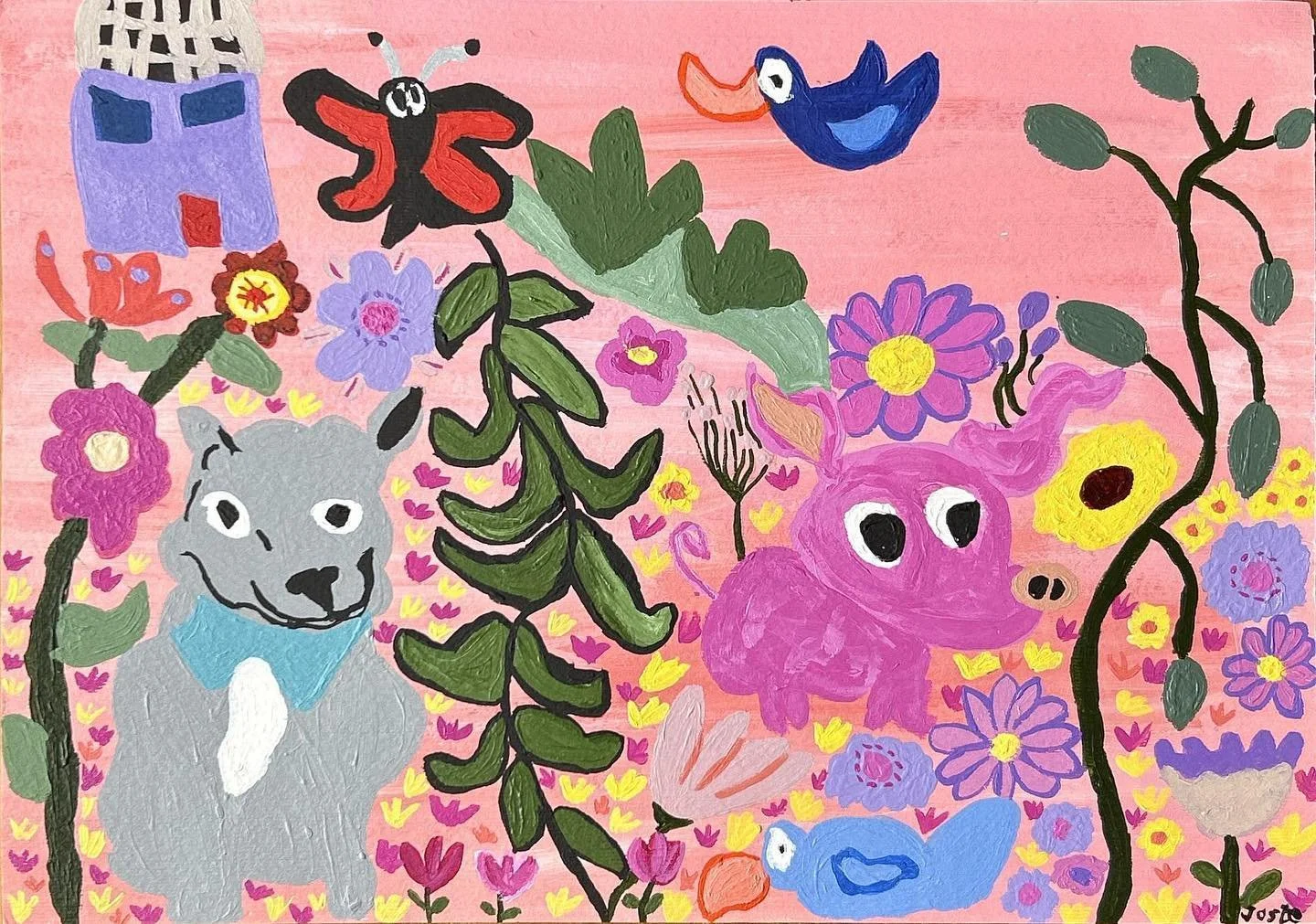 &lsquo;Piglet and Dog Become Friends&rsquo;, 297mm x 420mm, acrylic on canvas.