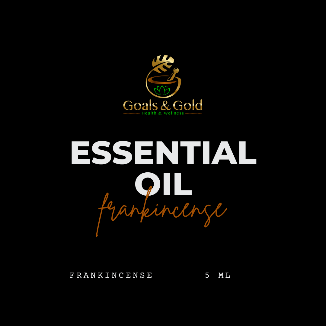 Black label with gold and green logo at the top, displaying a leaf and mortar and pestle. Below, the text reads 'Goals & Gold Health & Wellness.' Large white text says 'ESSENTIAL OIL,' with 'frankincense' written in orange cursive. At the bottom, small white text indicates 'FRANKINCENSE 5 ML.'