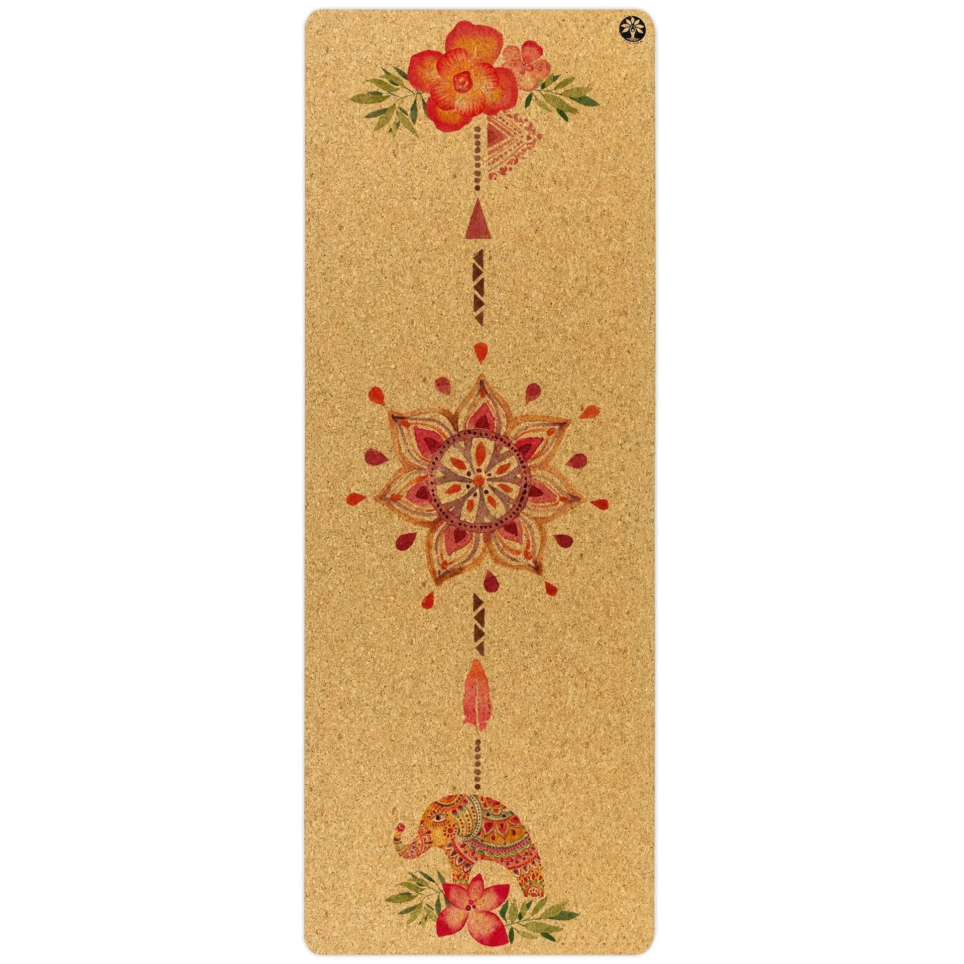 Vertical decorative card with floral and mandala patterns, featuring flowers, leaves, a decorated elephant, feathers, and geometric designs in warm colors on a textured beige background.