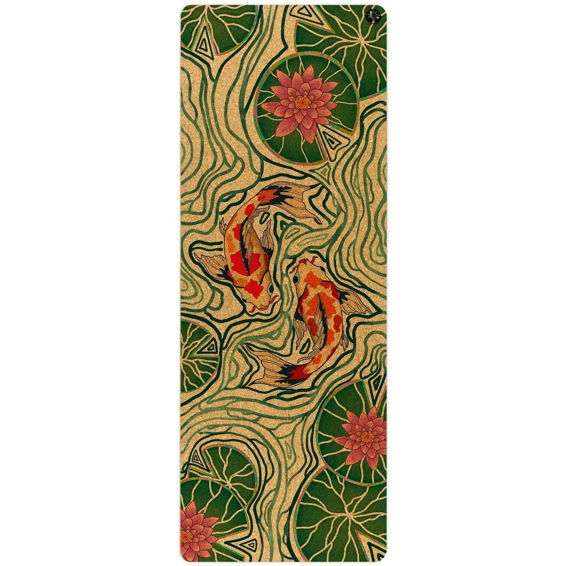 A decorative mat with a koi pond theme featuring two orange and black koi fish swimming among stylized water patterns and lotus flowers.