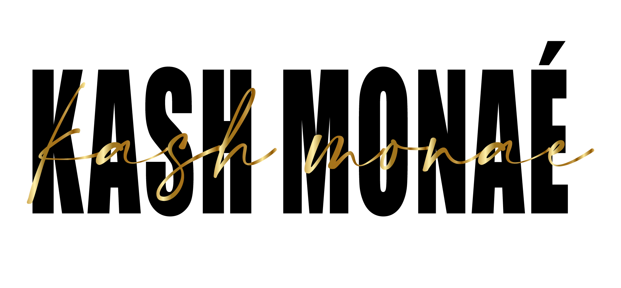 Gold cursive text on black background reading "fash more".