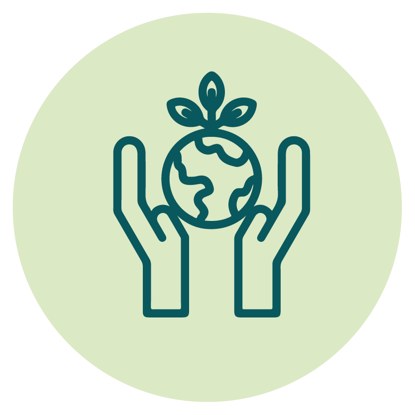 Outline illustration of two hands holding a globe with a sprouting plant on top, symbolizing environmental protection and sustainability.