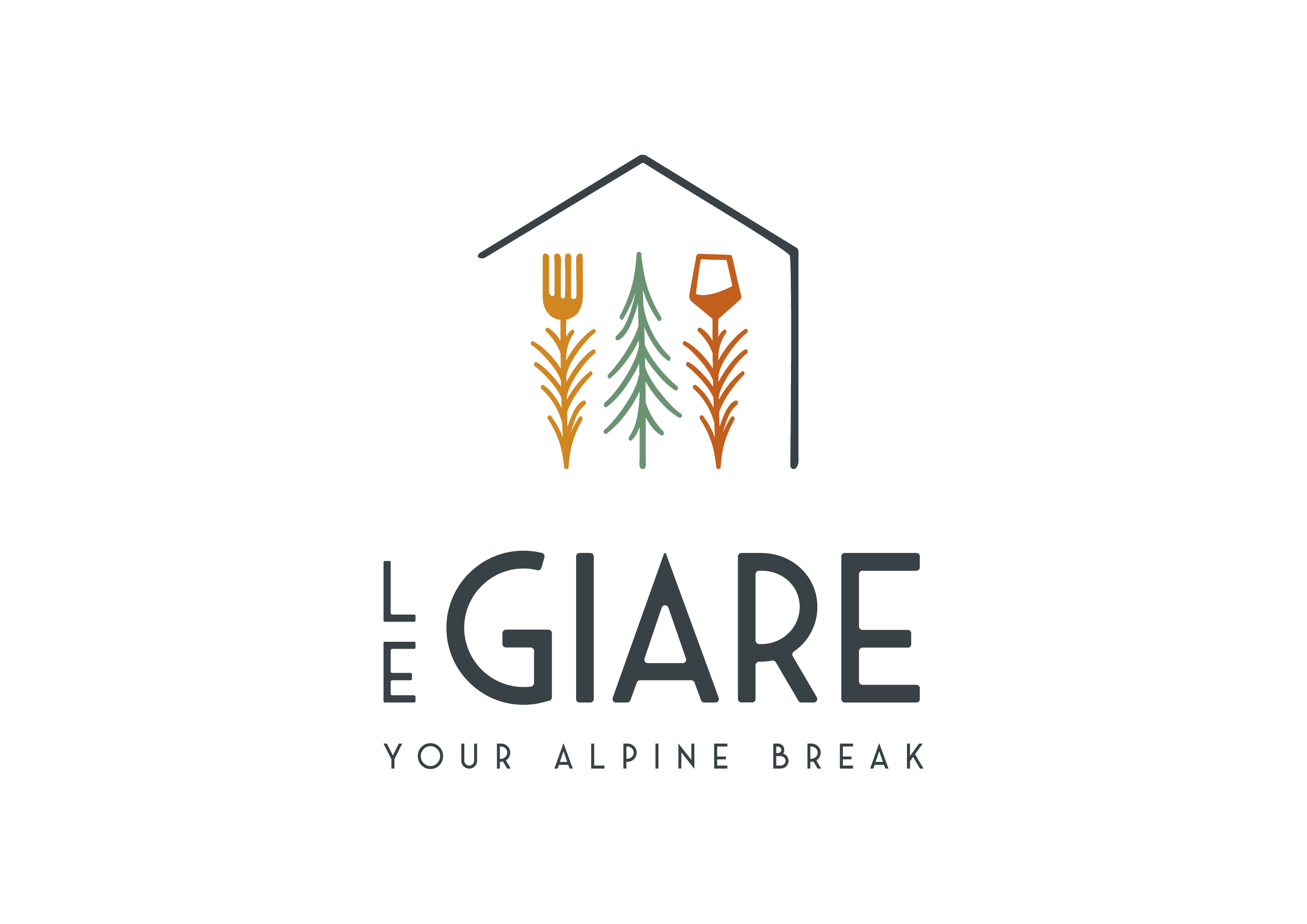 Logo con una casa stilizzata e tre linee che rappresentano i pini simbolo di Folgaria, con testo 'Your Alpine Break'.