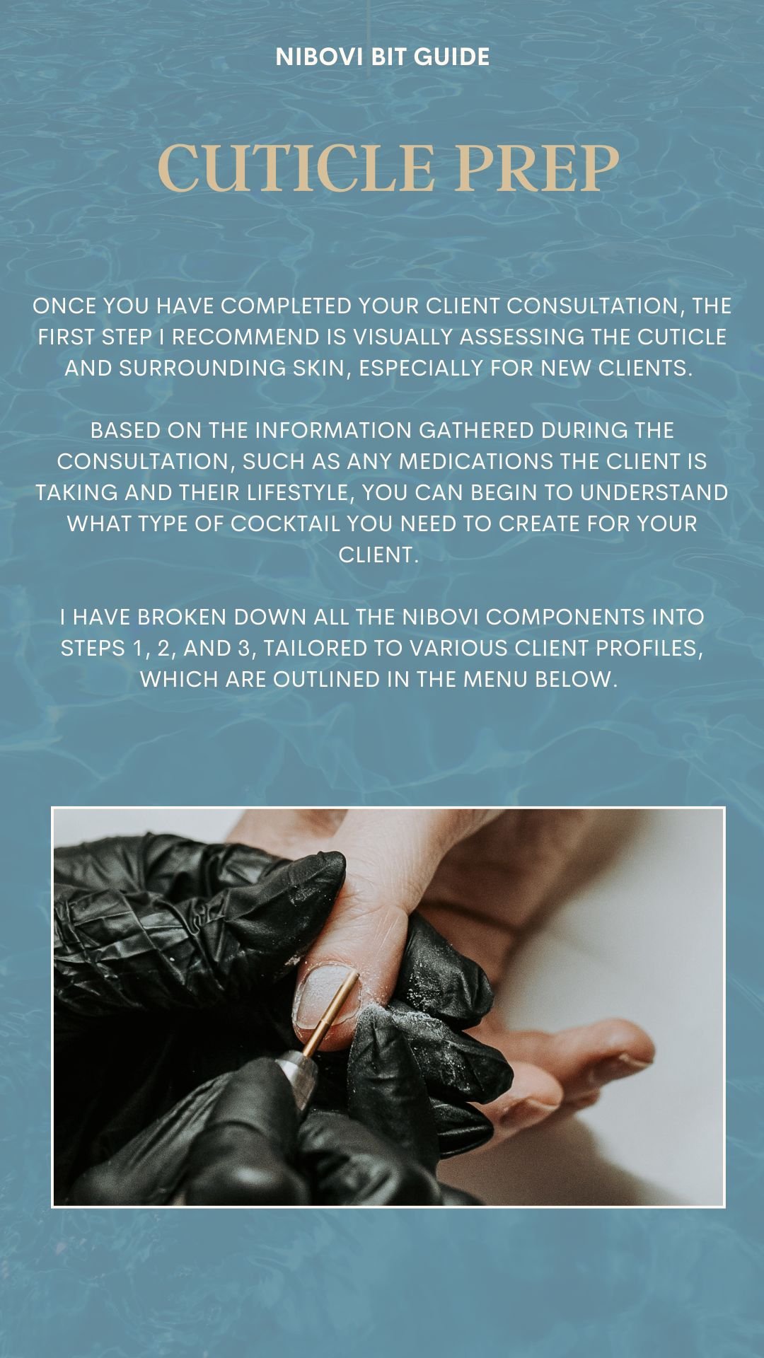 Guide on cuticle prep with a photo of a person receiving a manicure, showing a hand with a cuticle treatment being applied using a small tool.