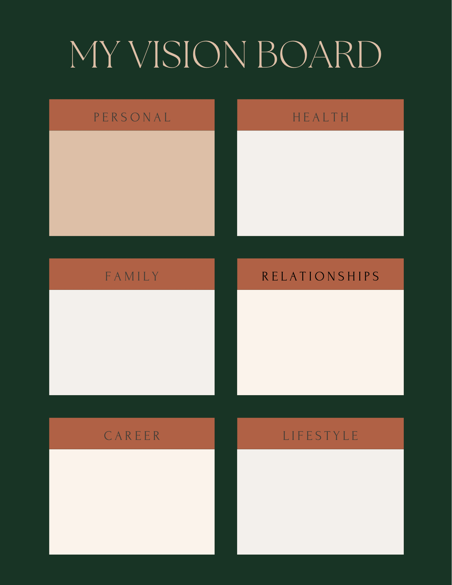 A digital vision board with six sections titled Personal, Health, Family, Relationships, Career, and Lifestyle. Each section has a brown header with black text and a blank white space underneath.