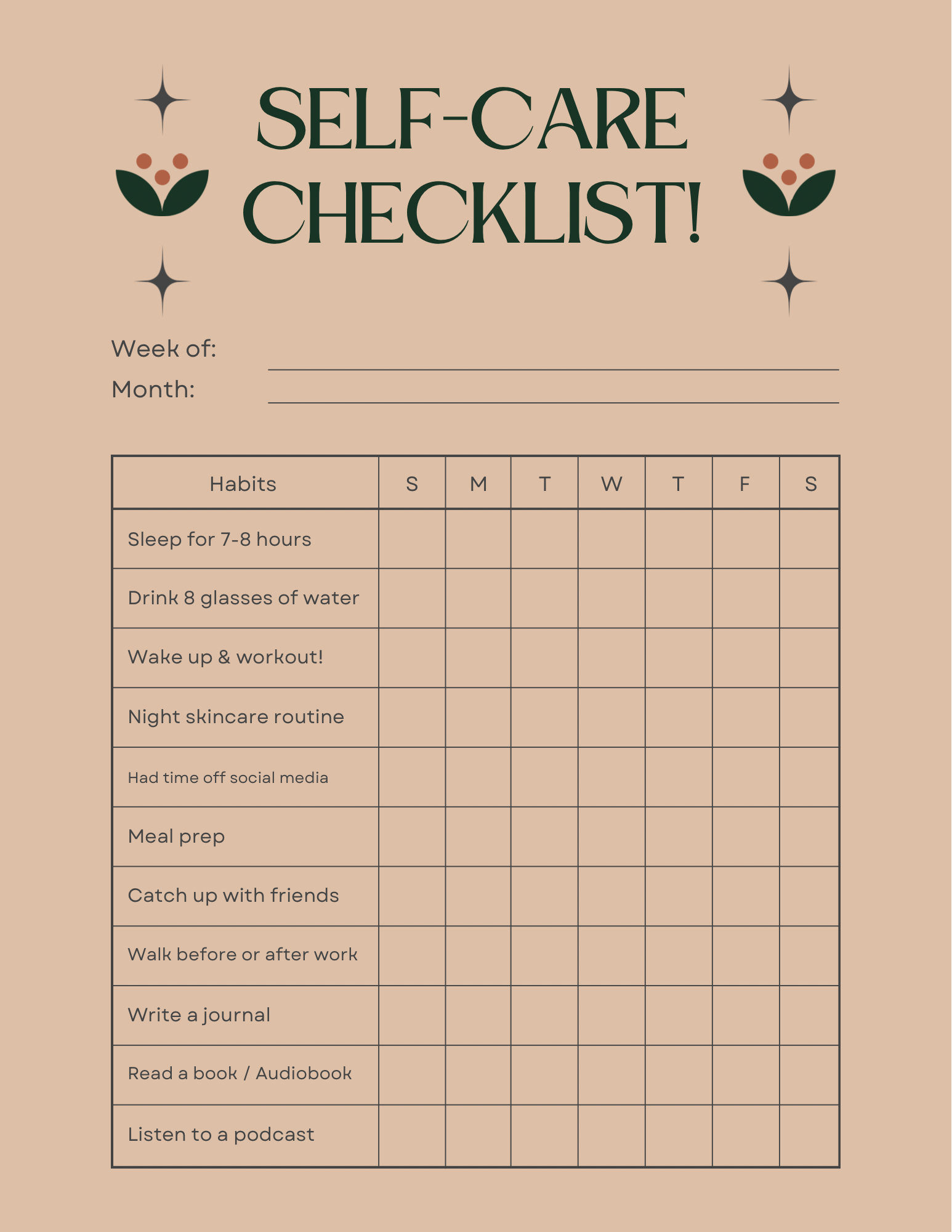 Self-care checklist with a beige and peach background, black text, floral decorations, and a grid for tracking habits across a week.