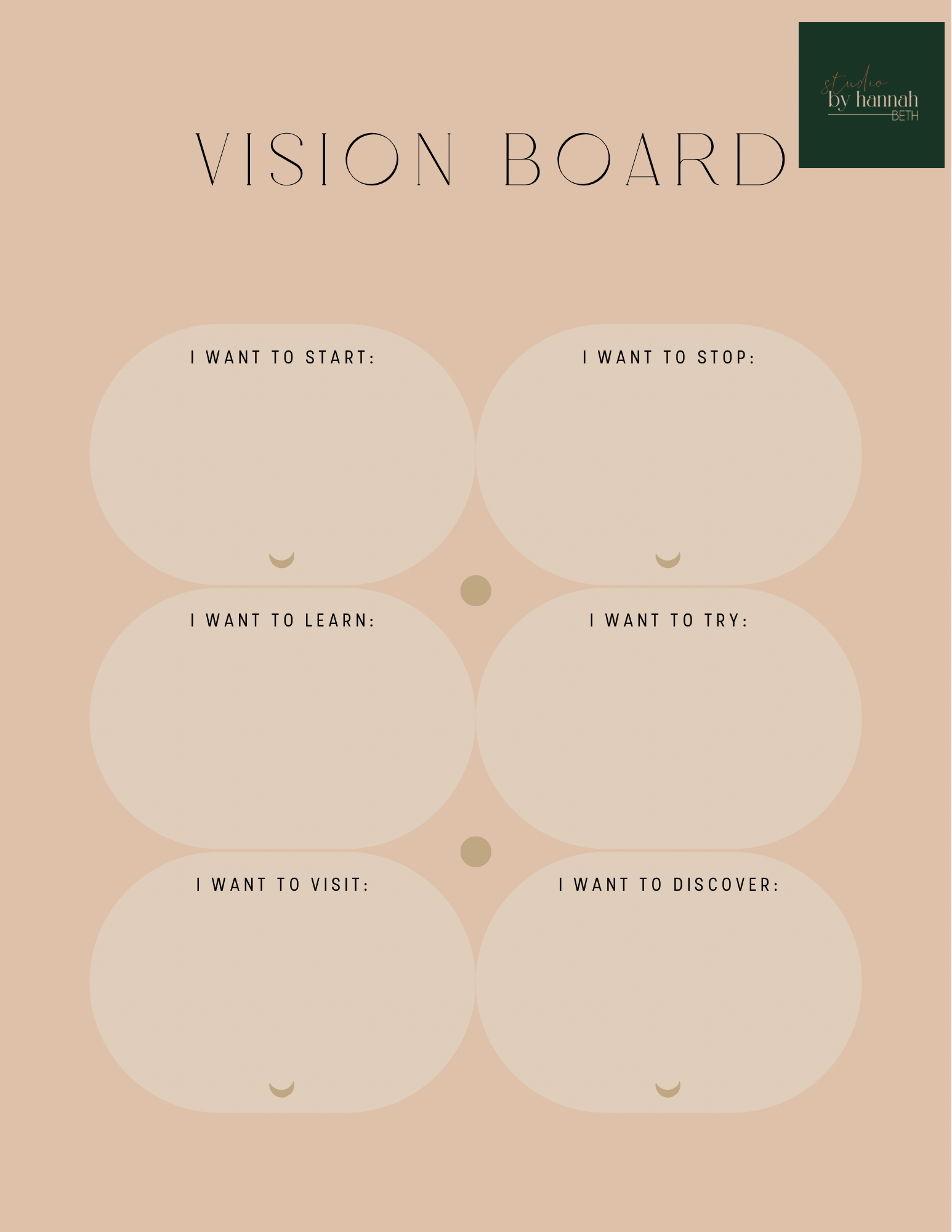 A vision board template with six sections for goal setting, with headings: I want to start, I want to stop, I want to learn, I want to try, I want to visit, I want to discover. The background is a soft beige color, and there is a green square in the 