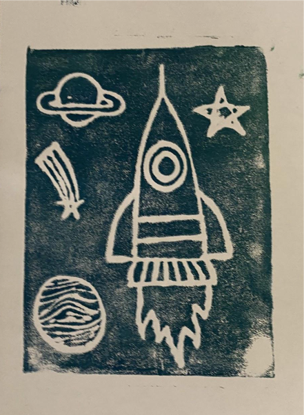 Print of a spaceship with shooting star and a planet