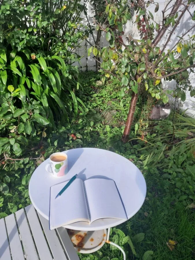 Photo of a peaceful garden with a notebook , pen and cup of tea on the table.