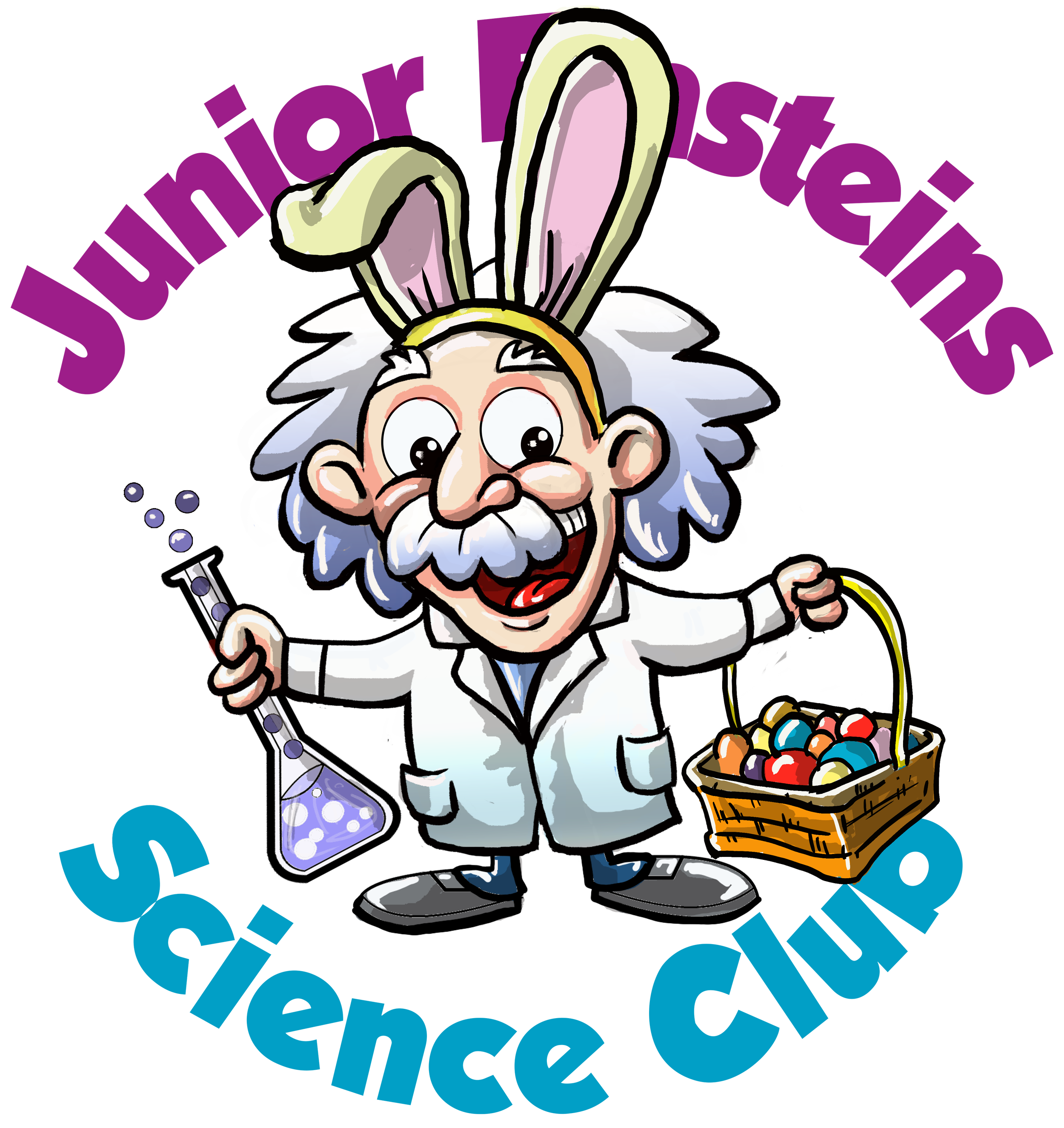 Cartoon of Einstein with bunny ears carrying an easter basket in one hand and a bubbling test tube in the other.