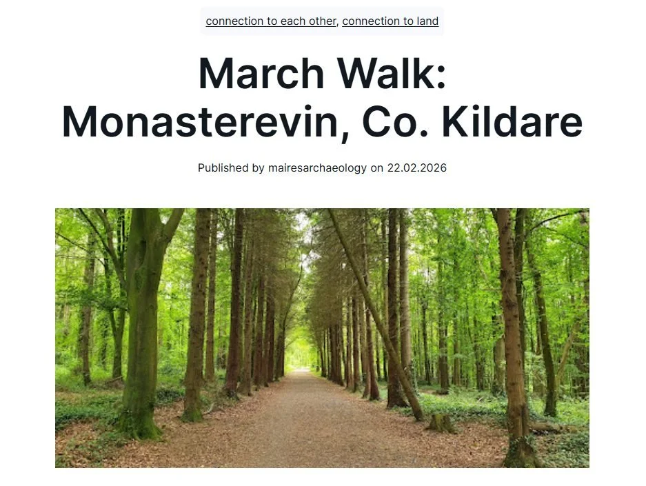 Poster with details of the March Walk in Moore Abbey Woods, image of a treelined path, sun is shining , lovey green glow from the leaves.