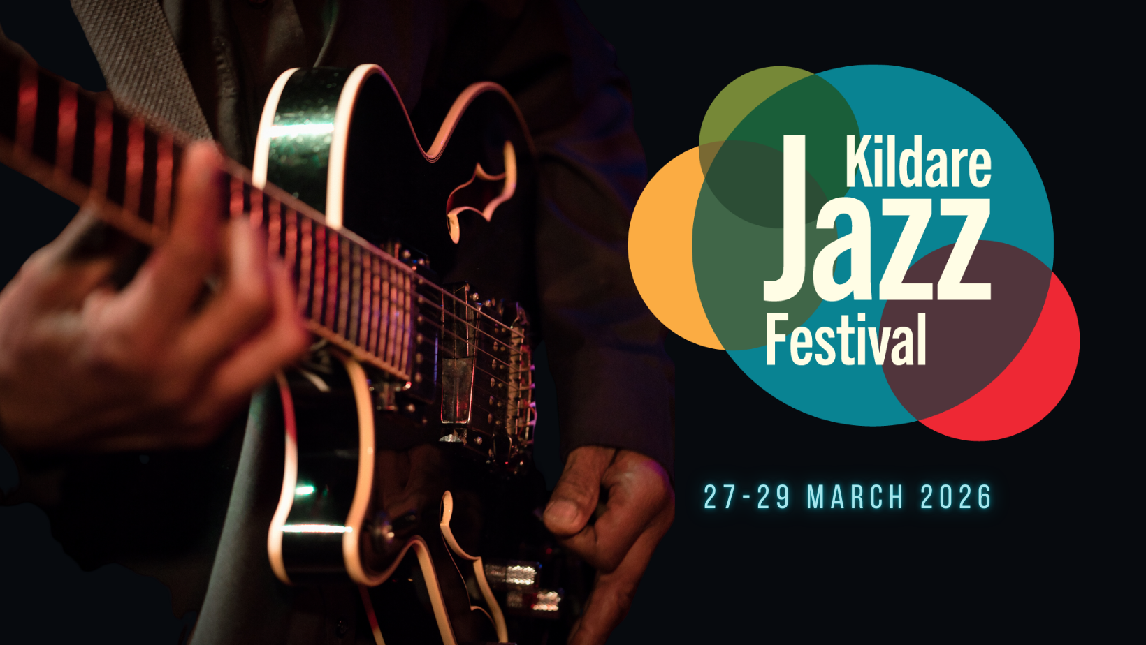 Poster for the Jazz festival , close up of a black electric guitar and the Jazz festival logo.