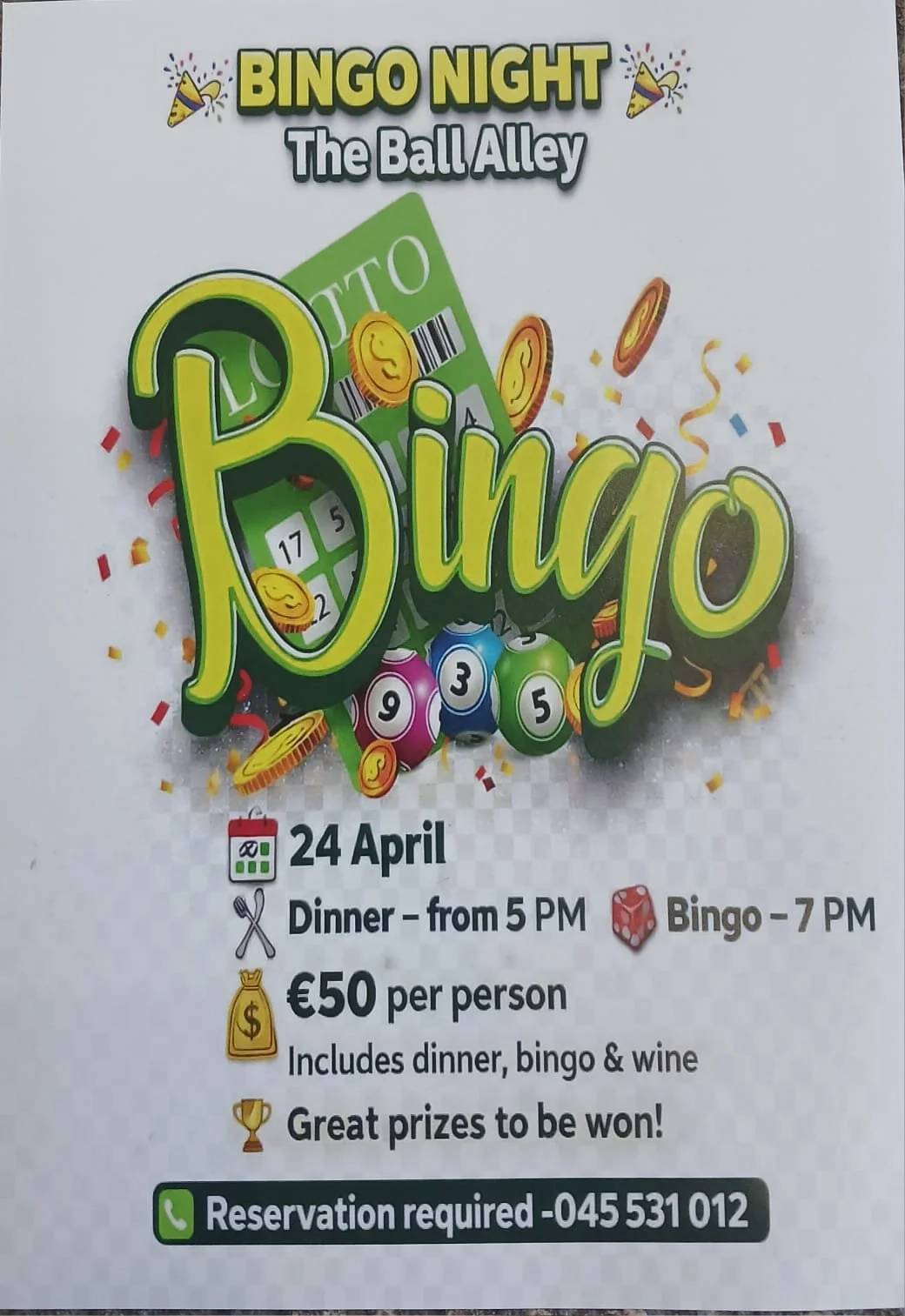 Poster advertising the Bigno Night in the Ball Alley, details as per description below