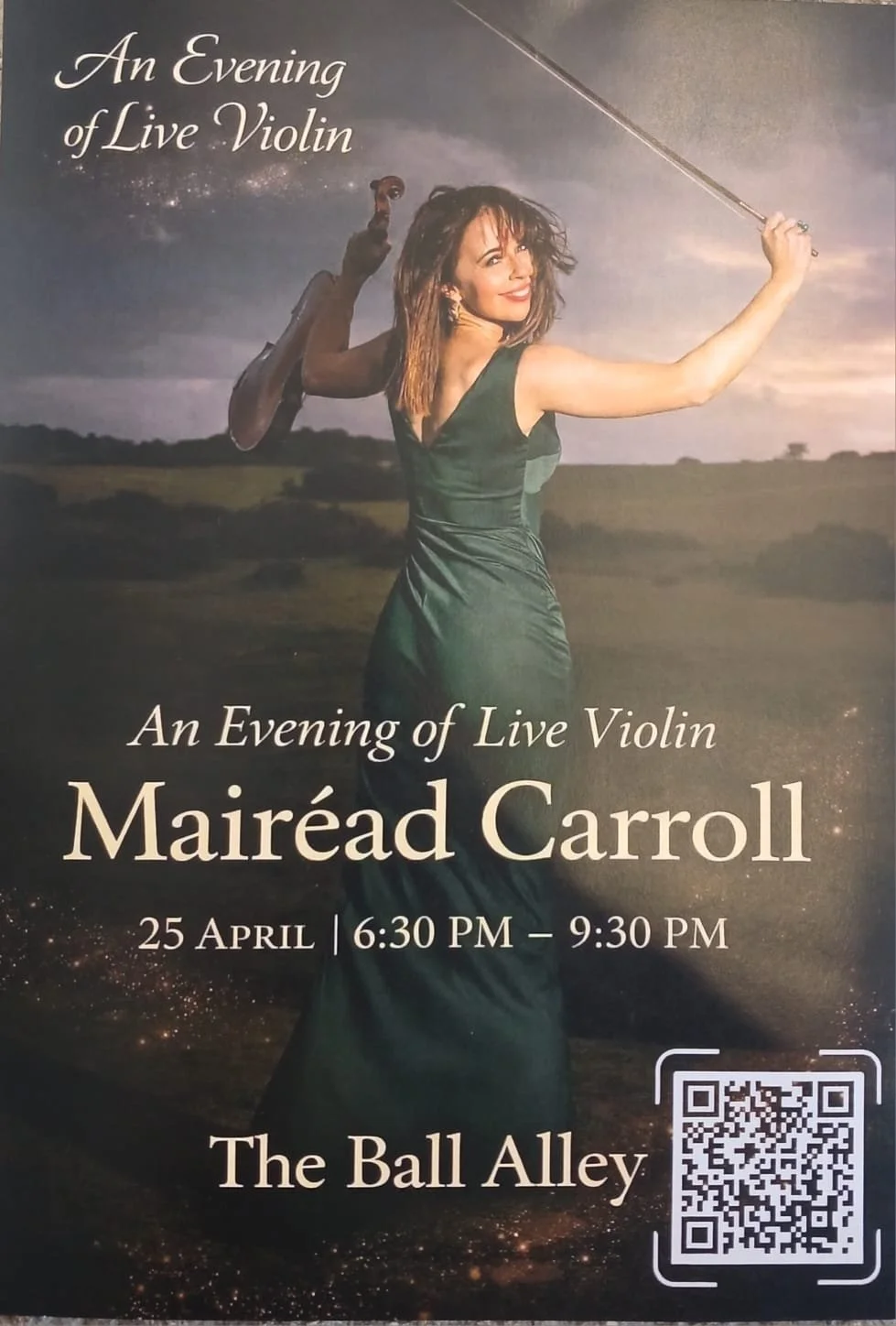 Poster with Mariead in a dark green dress holdinh her violin smiling at us over her shoulder, with the curragh plains in the background.
