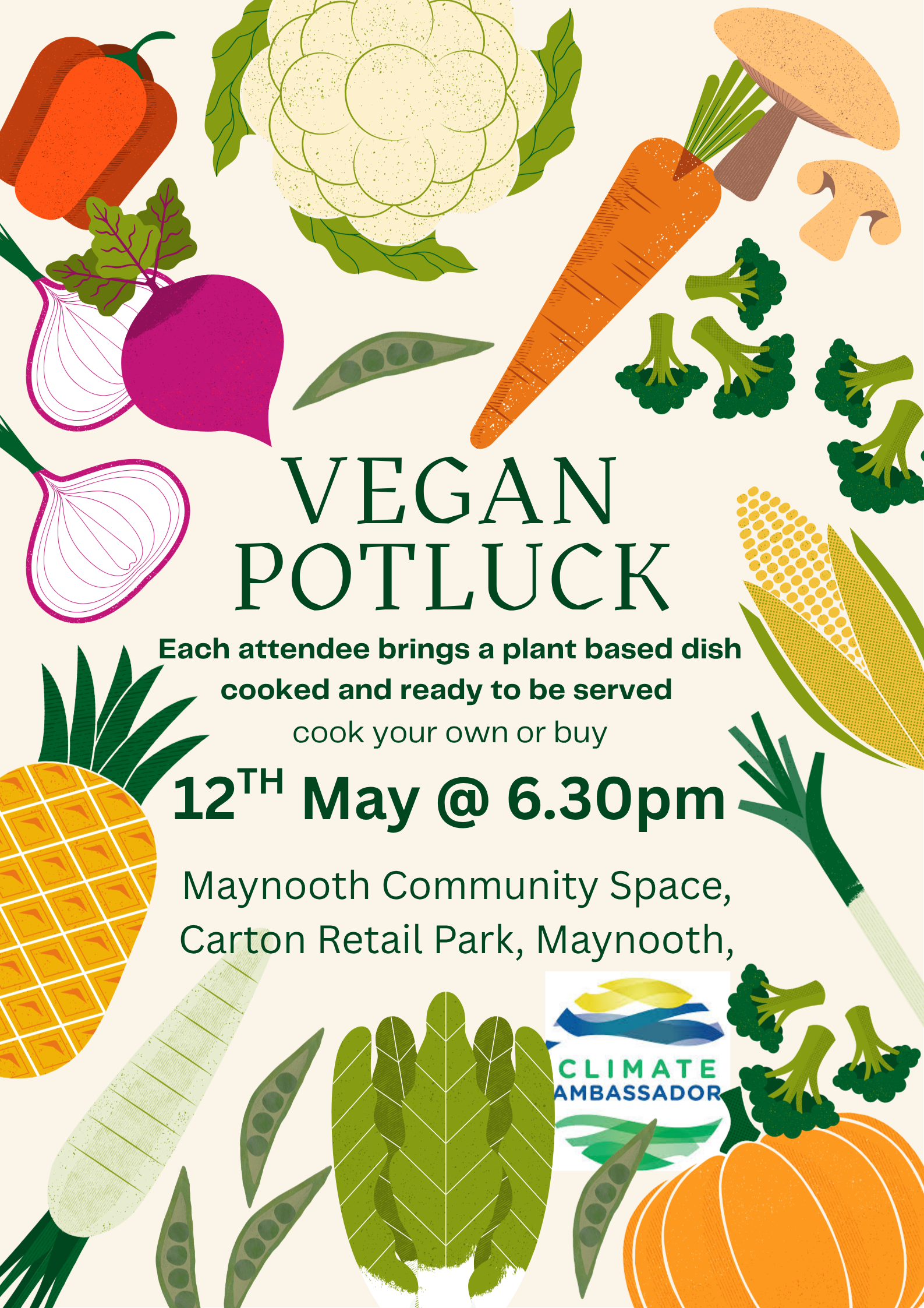 Psoter with images of a variety of vegetables, text gives details of the events as per description below.