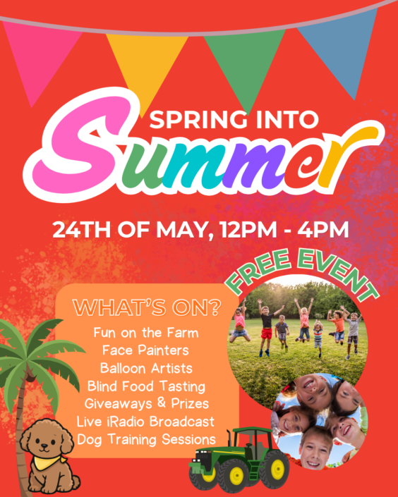 Image of poster  advertising the event. Showing picture of children jumping for joy, an image of a green and yellow tractor and a cute toy puppy.
