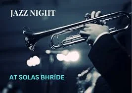 Poster in grey and blue tones , image of a trumpet being played with stage lights in the backgroud