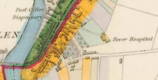 Close up of a map showing the Post Office , Dispensary and The Fever Hospital