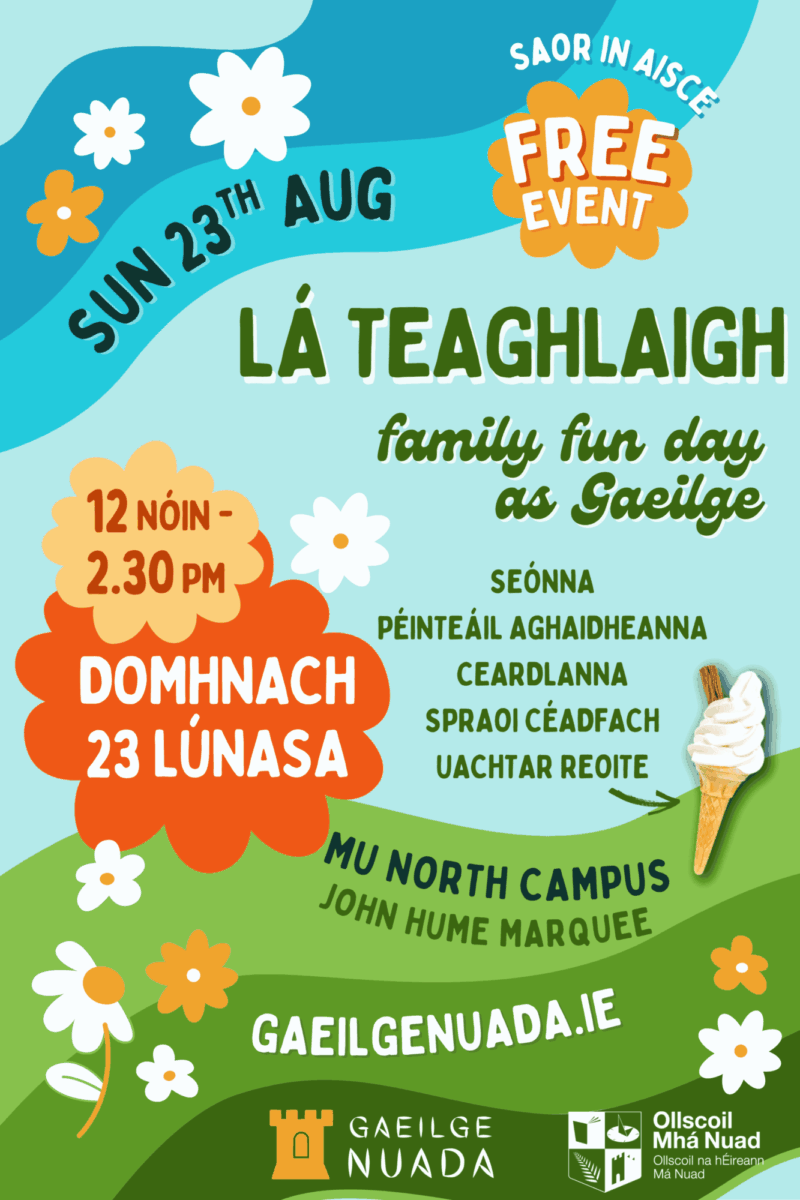 Poster with details of event lots of primary colours flowers and ice cream on the poster, info in Irish as per description