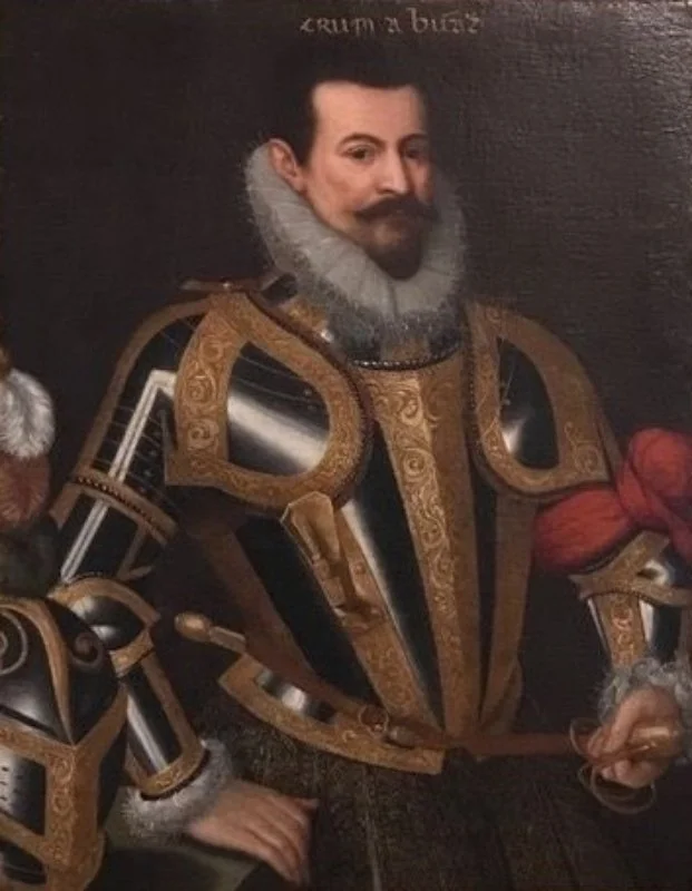 Image of a painting of Gerald FitzGerald. He wears royal armour holding the handle of his sword