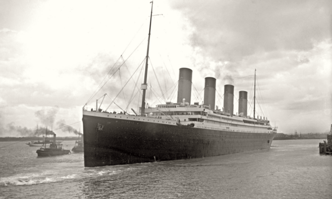 Black and white photo of the Titanic