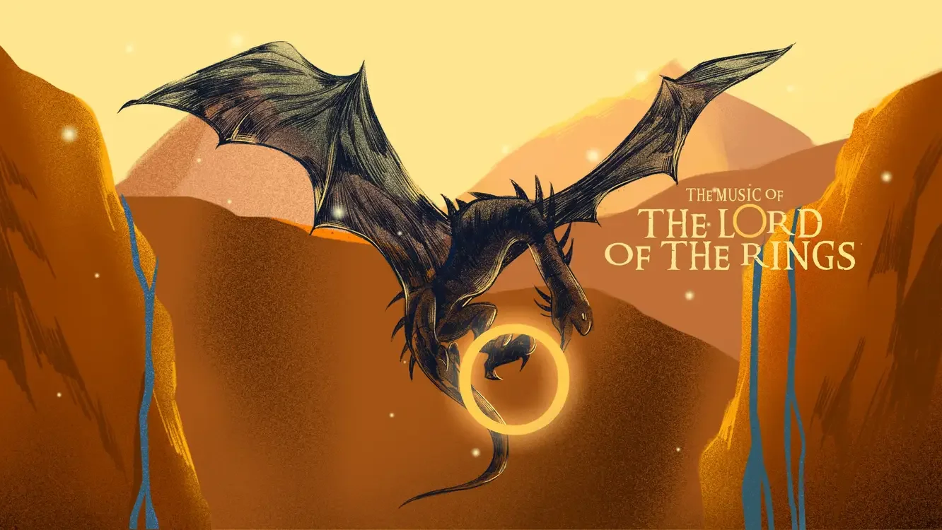 hand painted drawing of sandy mountains in background with a dragon in centre with the words The Lord of the rings