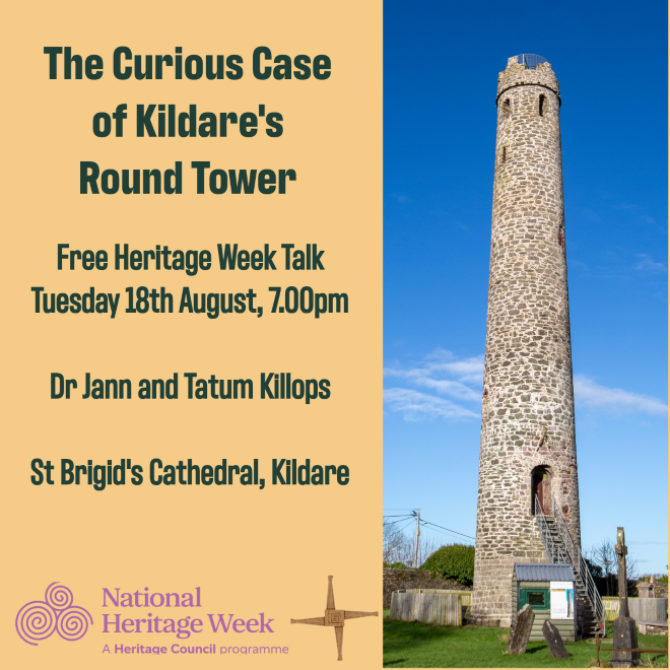 Photograph of Kildare Round Tower, with bright clear blue sky as backdrop, and old gravestones in the foreground.