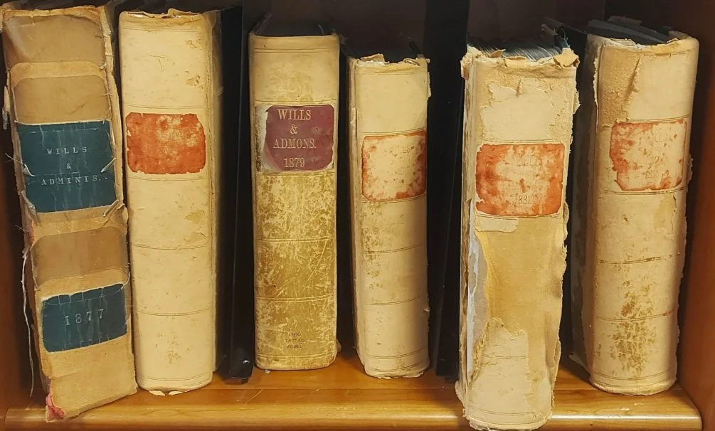 sIX OLD BOOKS PICTURED,  ON A SHELF. Author Wills & admins 1877-1879