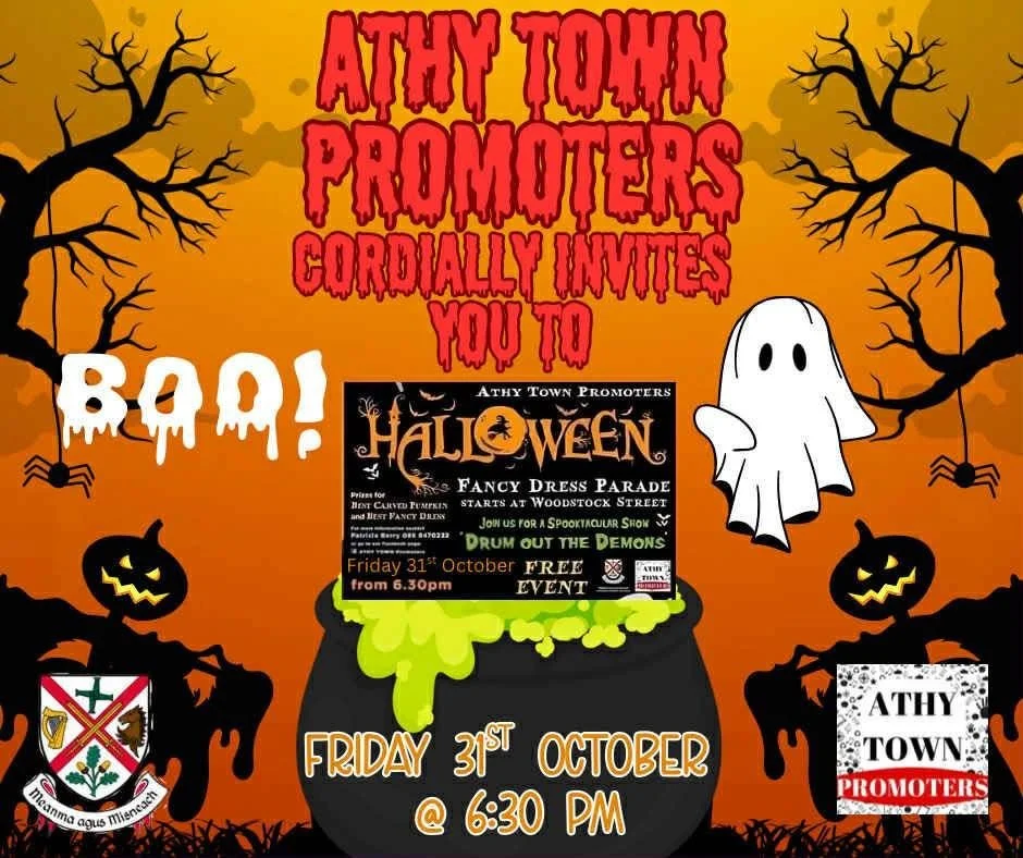 halloween poster with various symbols  promoting the halloween parade