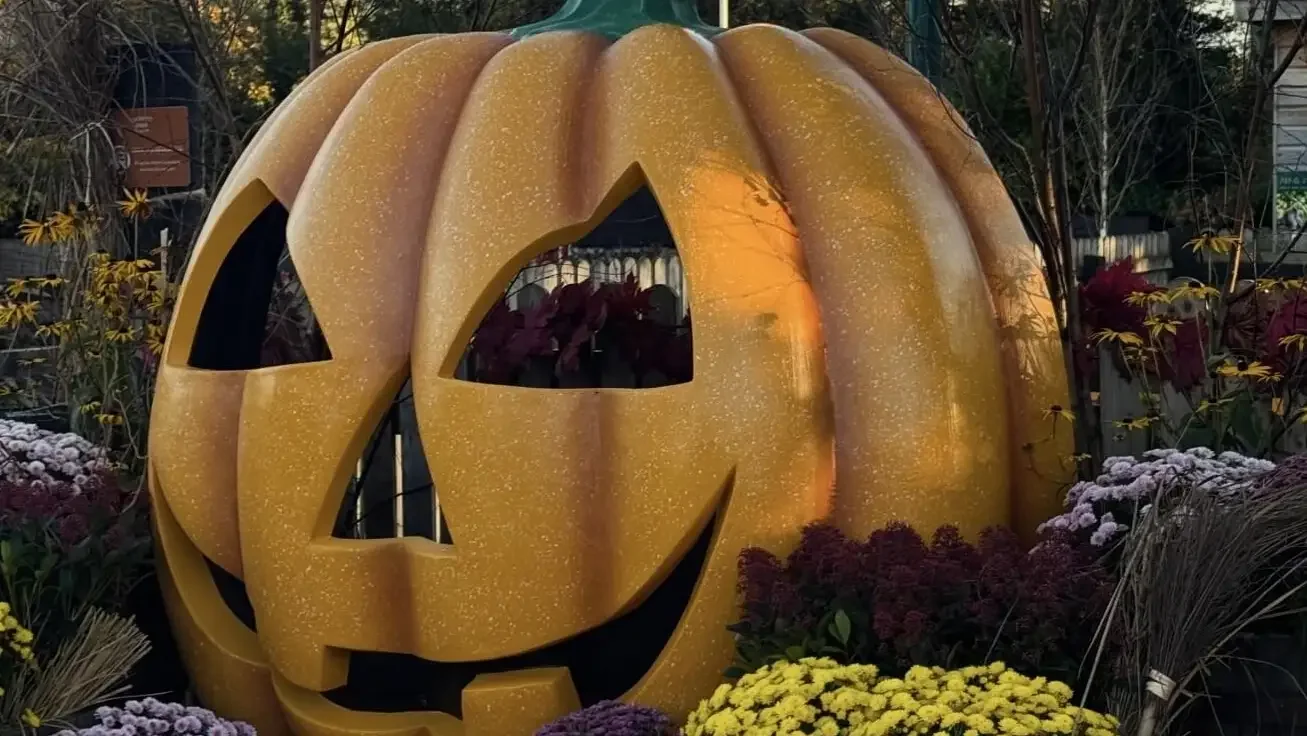 large pumpkin with floral landscape in background