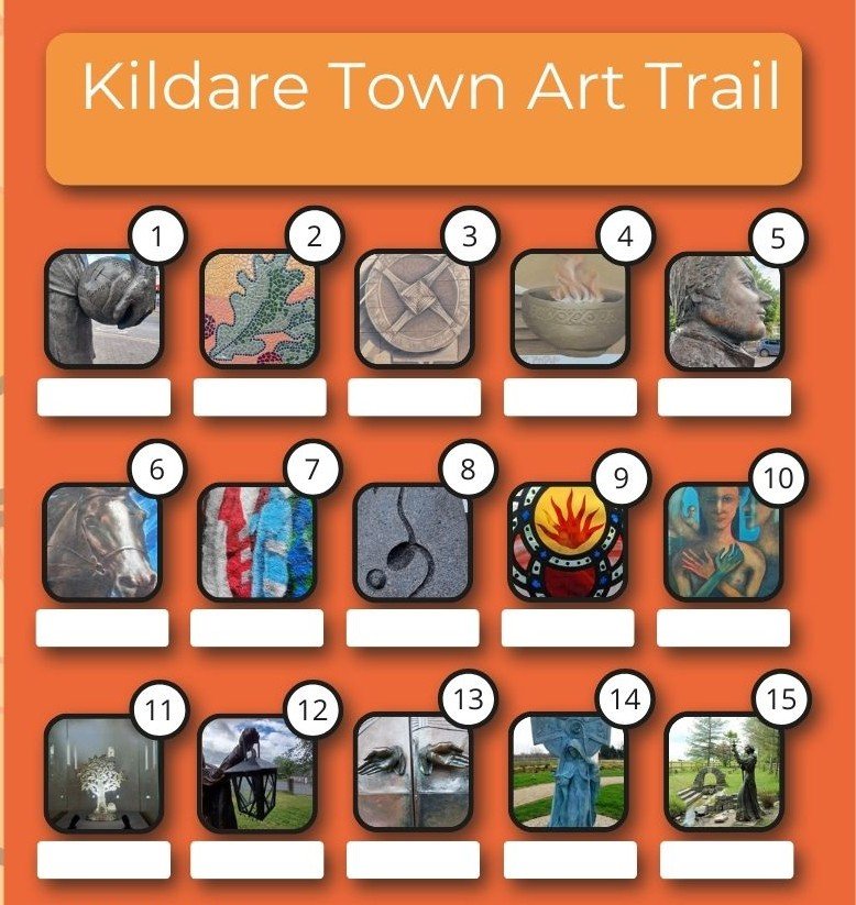 Kildare Town Art Trail sign with 15 numbered spaces for artwork images, featuring various sculptures and art pieces.