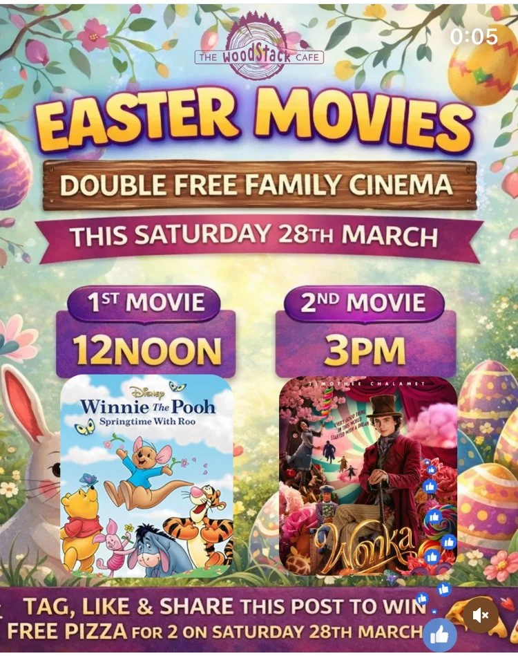 Poster showing the movies that will be shown as part of the Free Family events to for the Easter hoildays'.