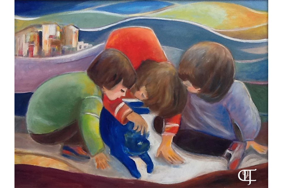 Kinder und die blaue Katze Öl auf Leinwand 60 x 80 cm