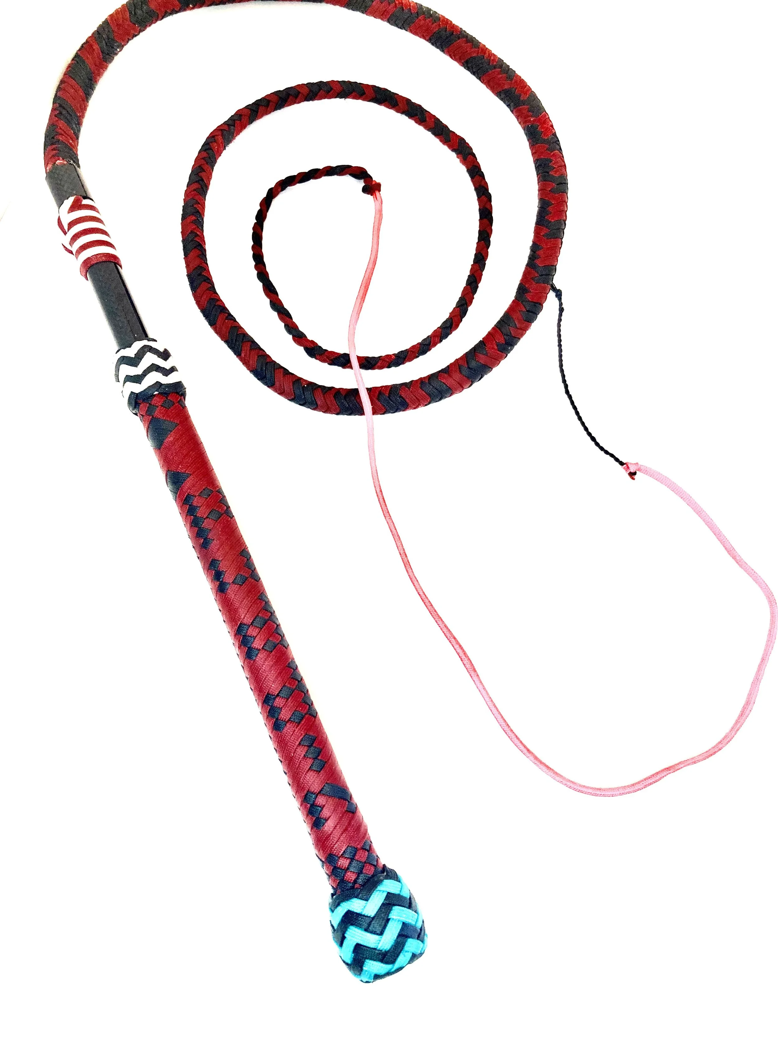 A wrapped jump rope with a colorful handle, a braided rope with red and black patterns, and pink and black cords, all laid out on a white background.