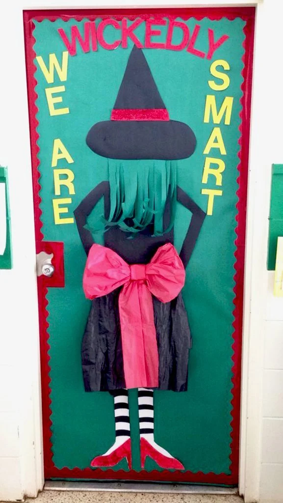 Wicked Witch of the West Halloween classroom door with witch hat and broom