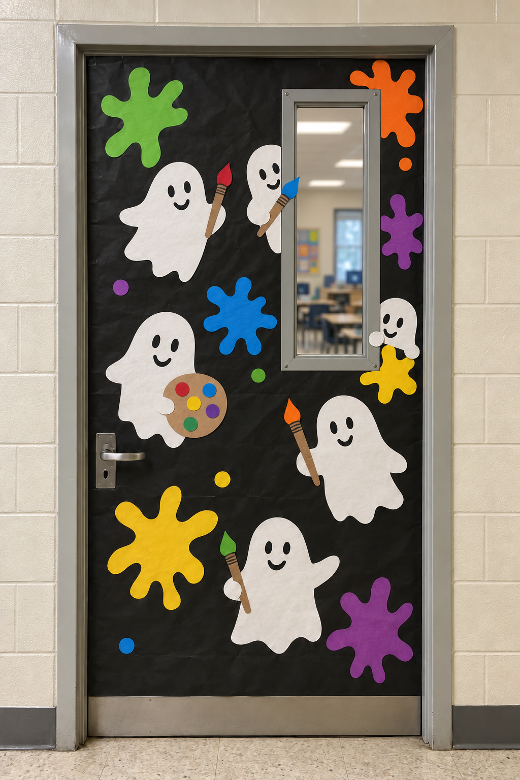 Halloween art room door displaying students' Halloween artwork