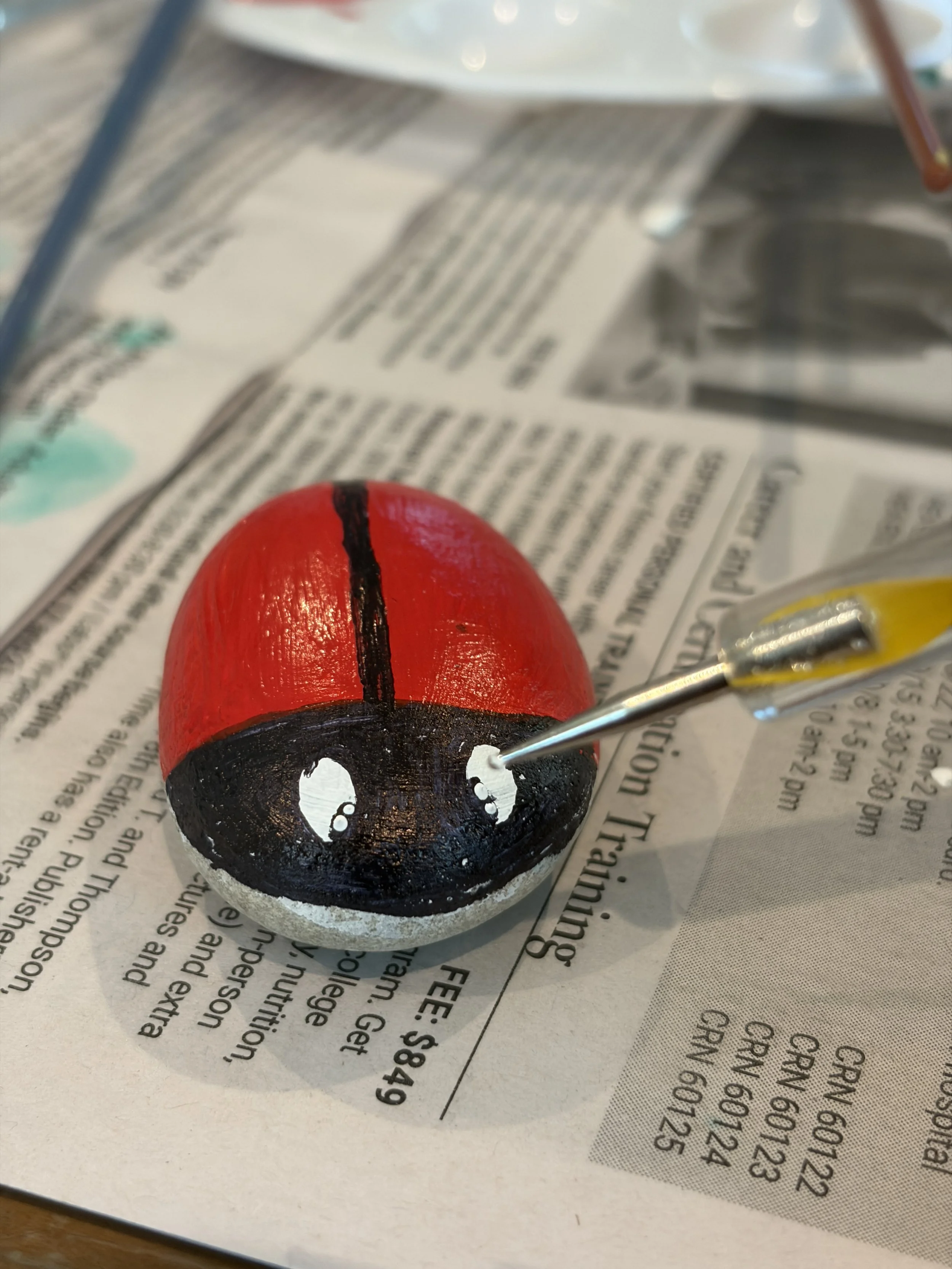 Dotting tool adding small white highlight dots to the black head section of a red and black painted ladybug rock