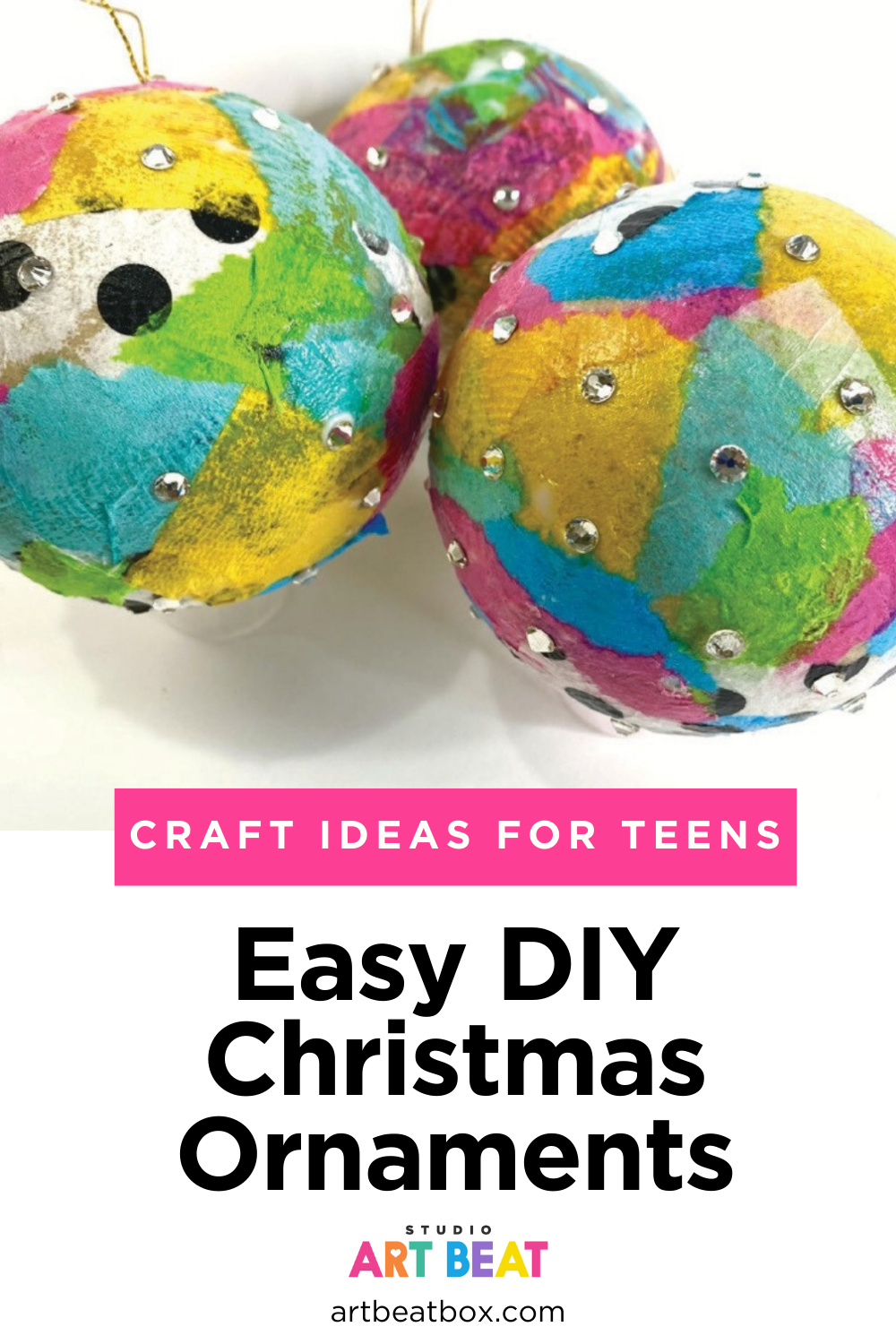 Pop-art napkin decoupage Christmas ornaments with rhinestones made from paper mache