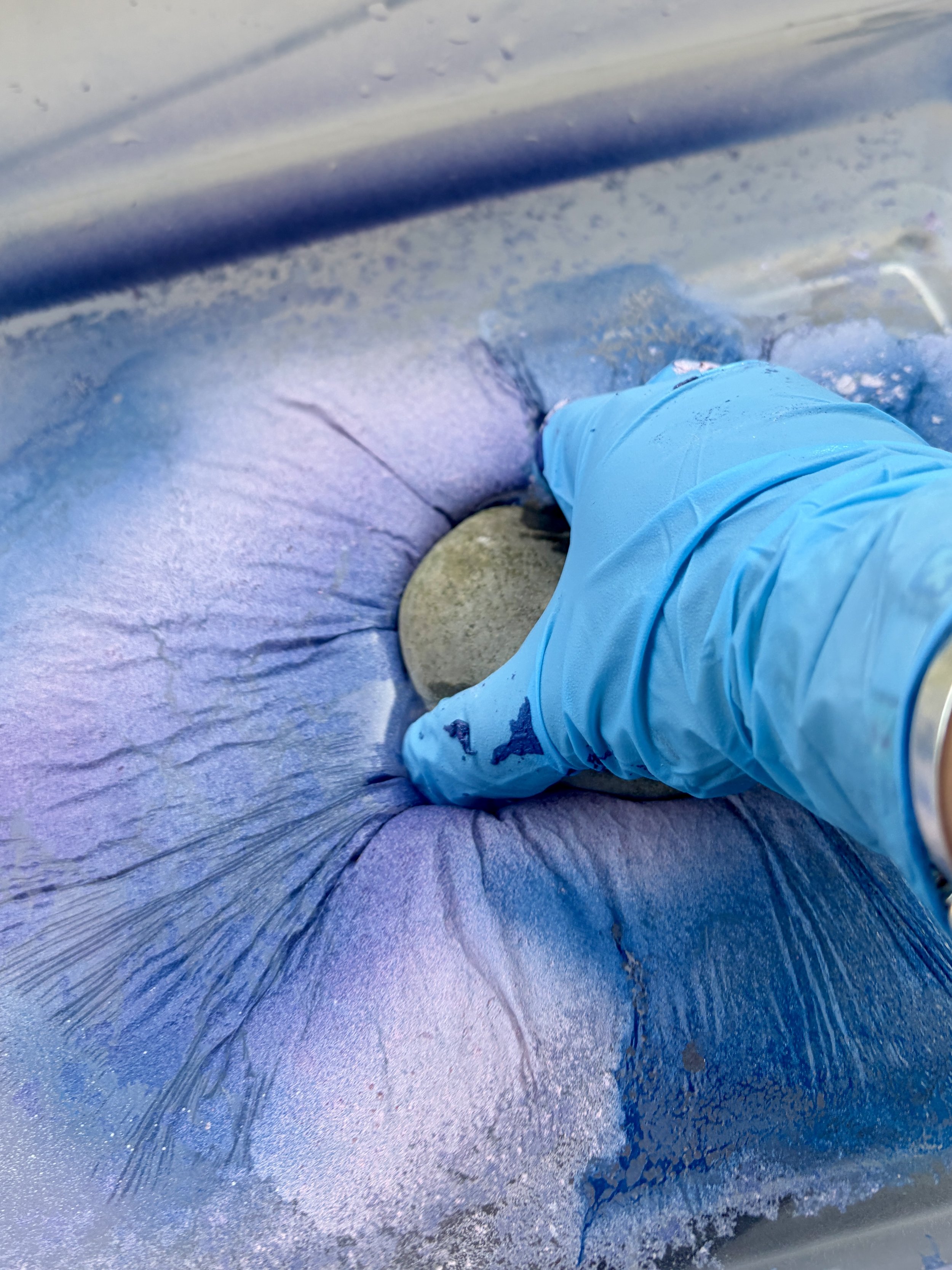 rock-into-hydro-dip-paint-water.jpg	Gloved hand dipping a primed rock into blue and purple hydro dip paint floating on water
