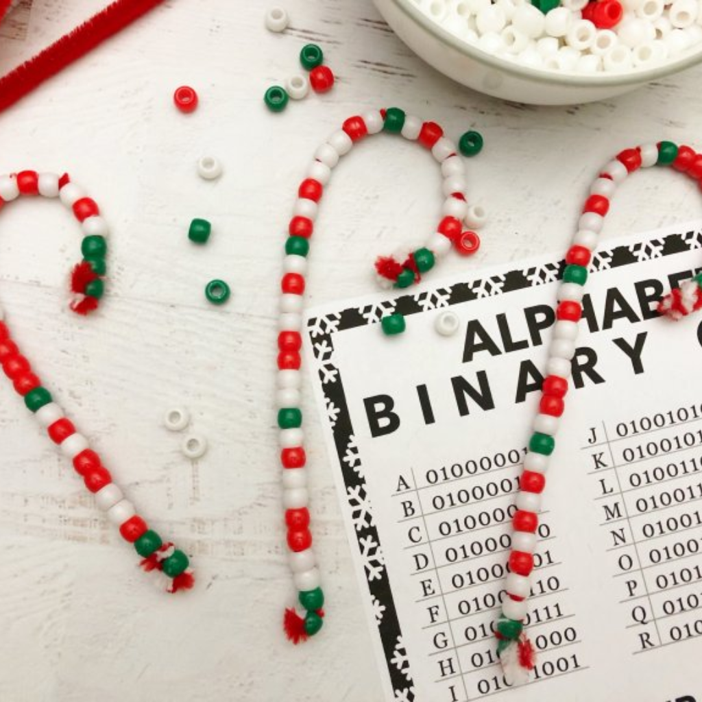 Binary code alphabet candy cane STEM ornament for kids