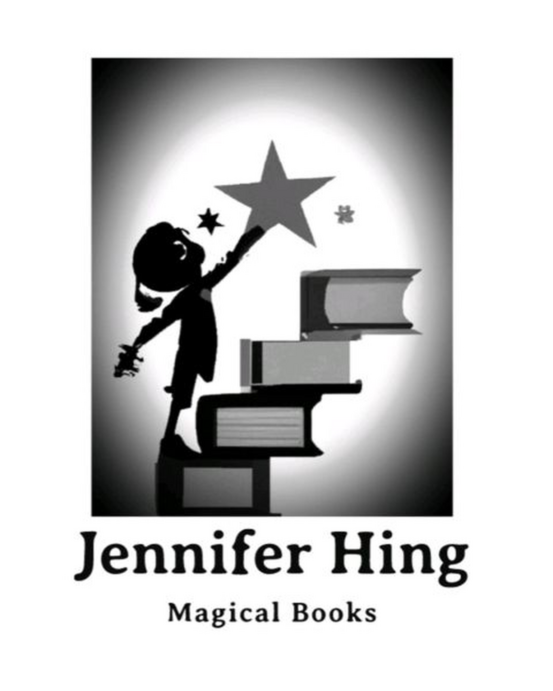 Shadowed book cover with a girl reaching for a large star in the sky, with smaller stars around her, and the name Jennifer Hing, Magical Books, at the bottom.