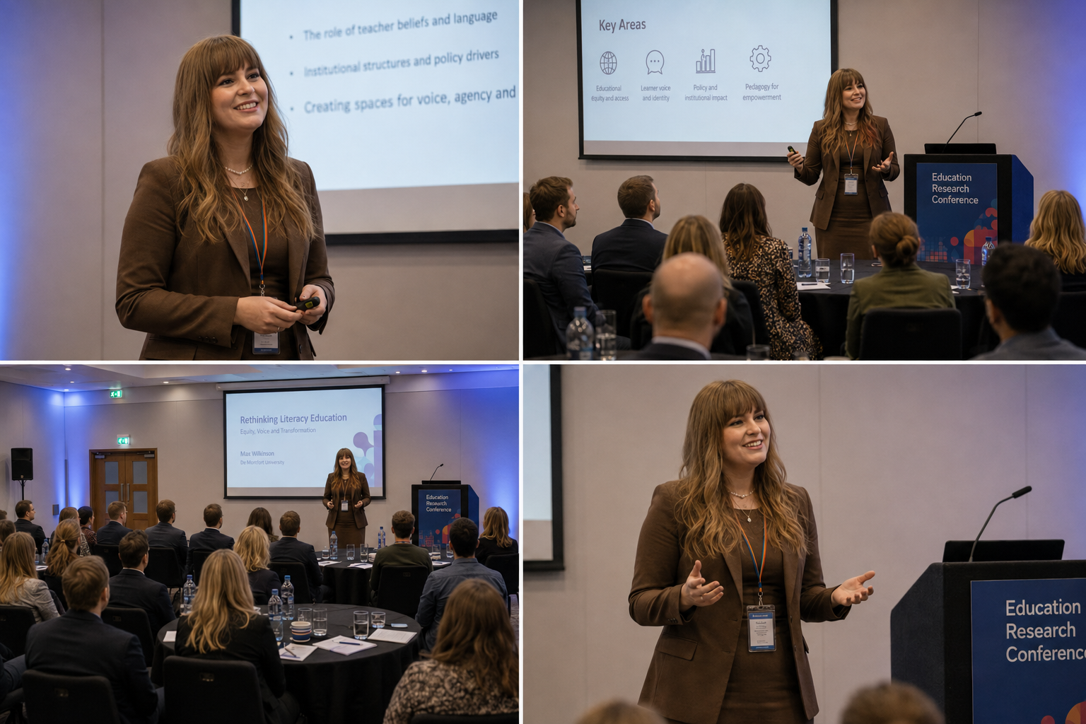 A woman giving a presentation at an education research conference, with slides about literacy education and key areas related to education.