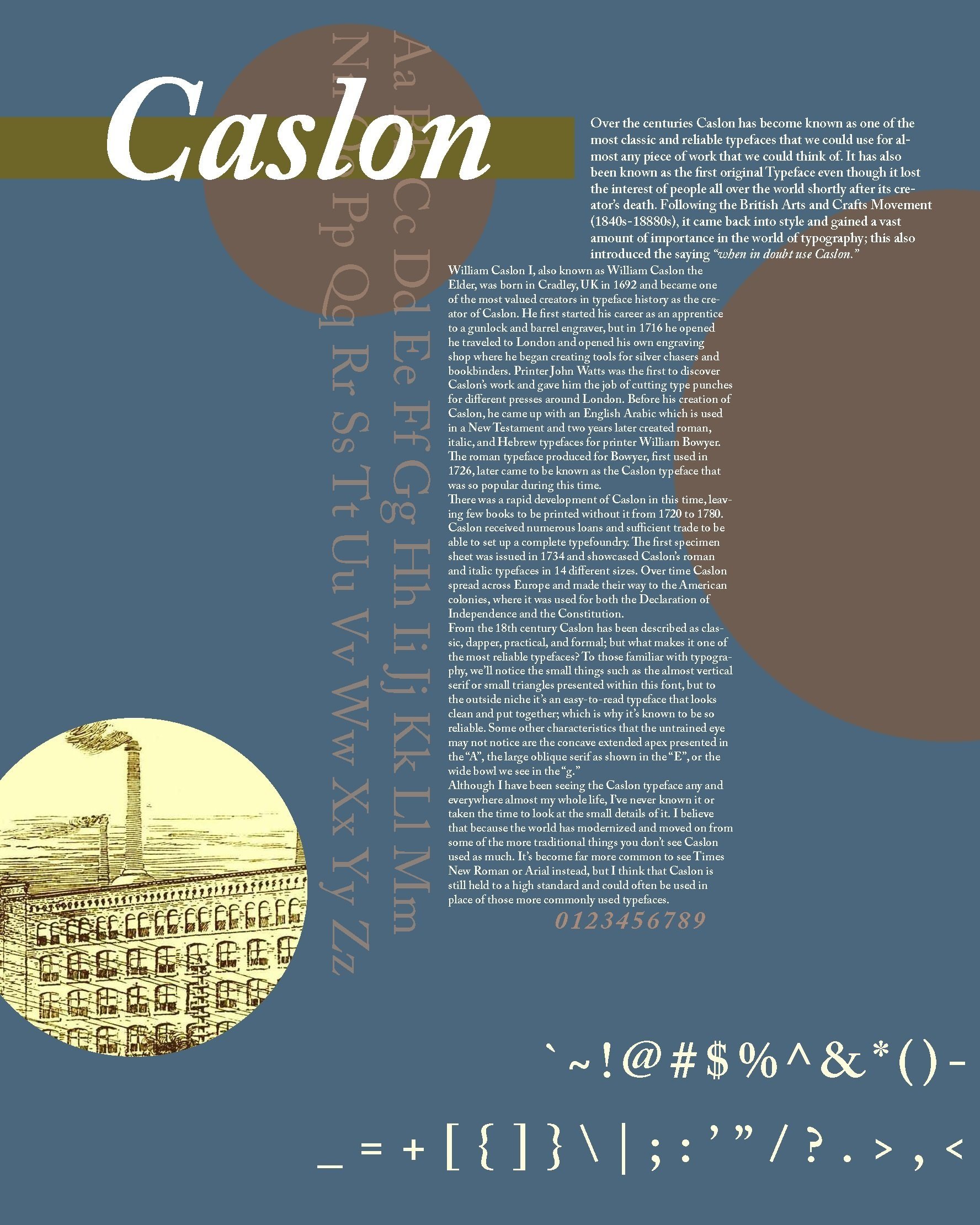 The initial goal for this poster was to create a modernized poster for the Caslon typeface. I chose to use more geometric sequences while still including some imagery to represent when Caslon was invented. This is a very simple design, but still port