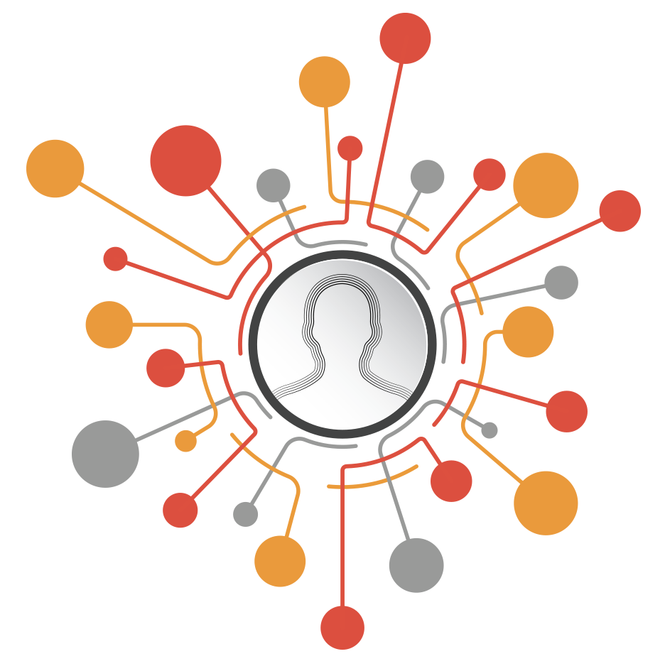 Abstract network diagram with central profile icon, colored nodes